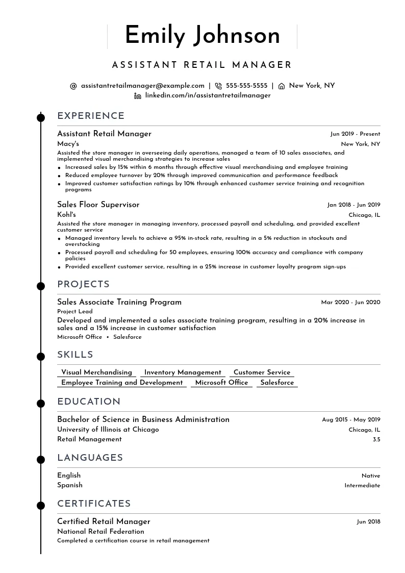 Assistant Retail Manager resume example