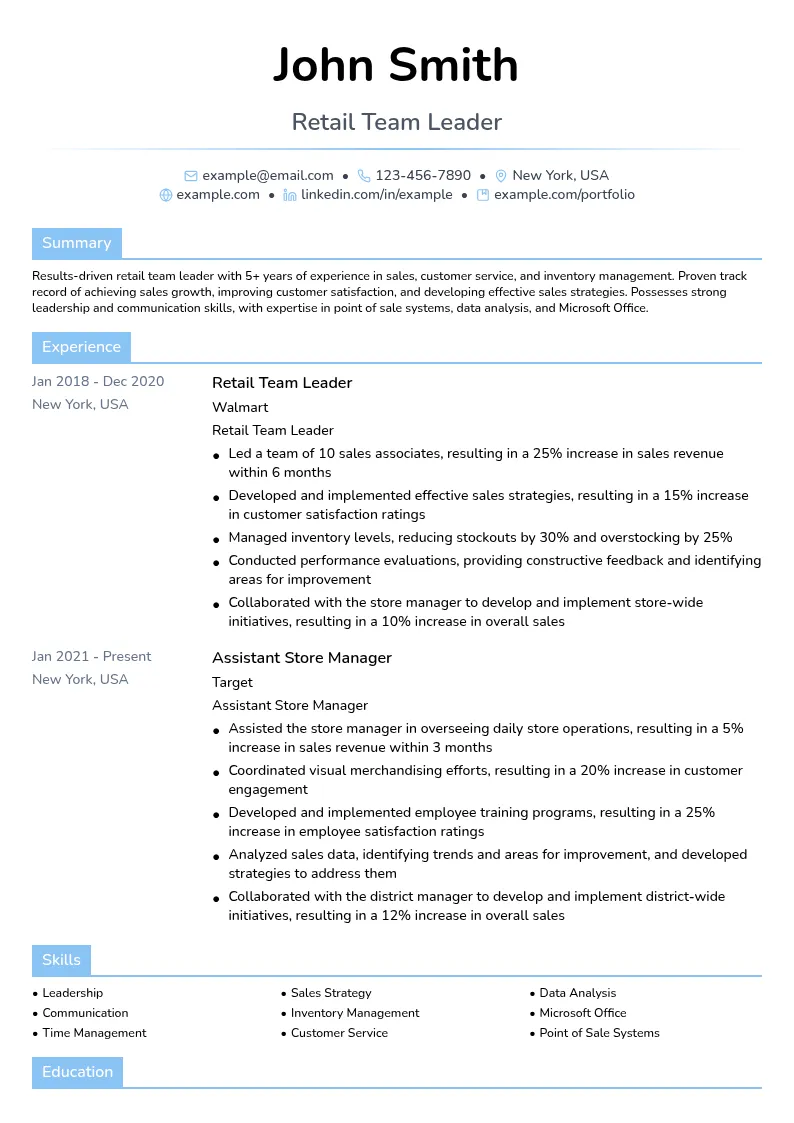 Retail Team Leader resume example