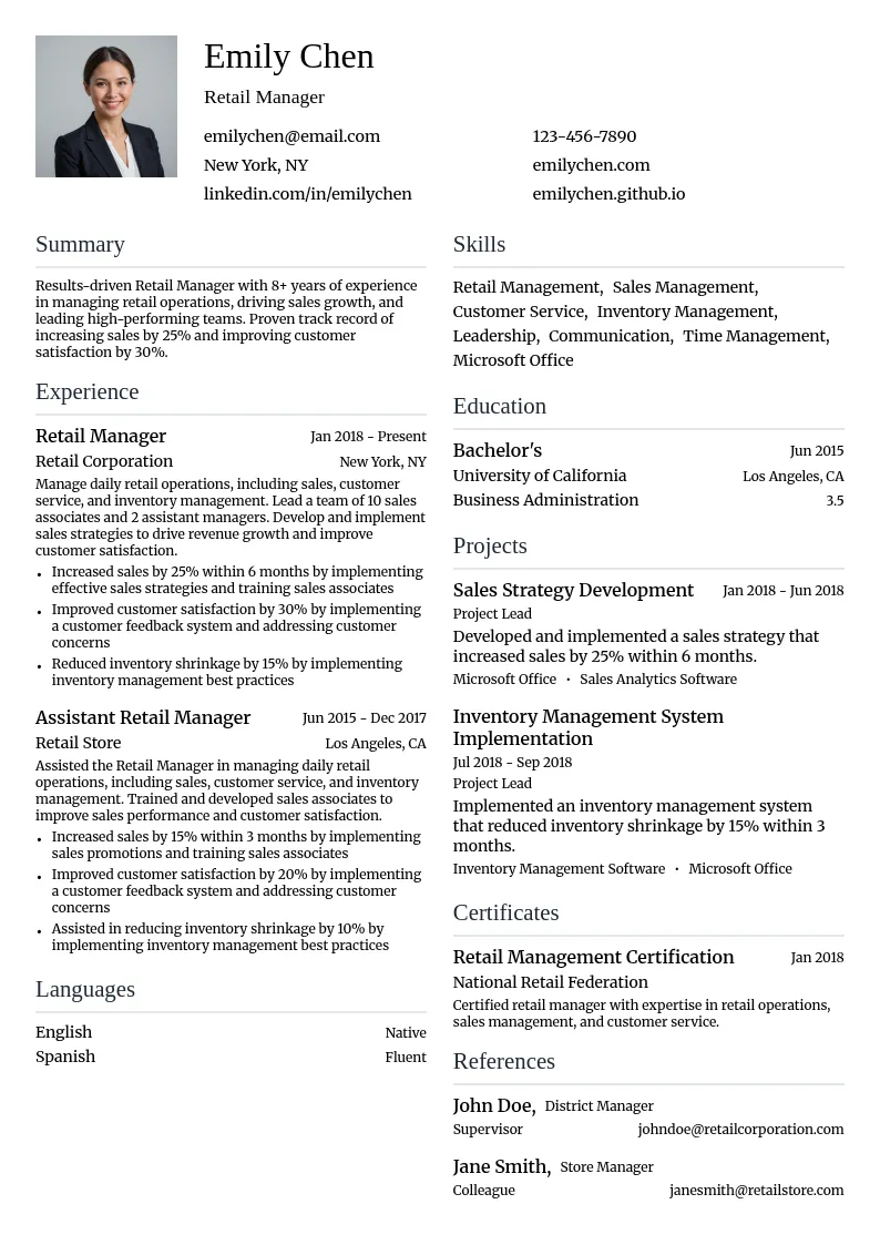 Retail Manager resume example