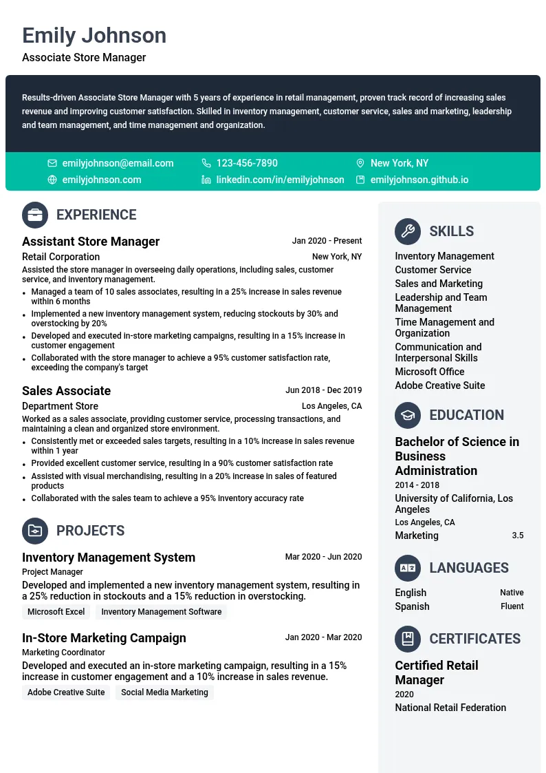 Associate Store Manager resume example