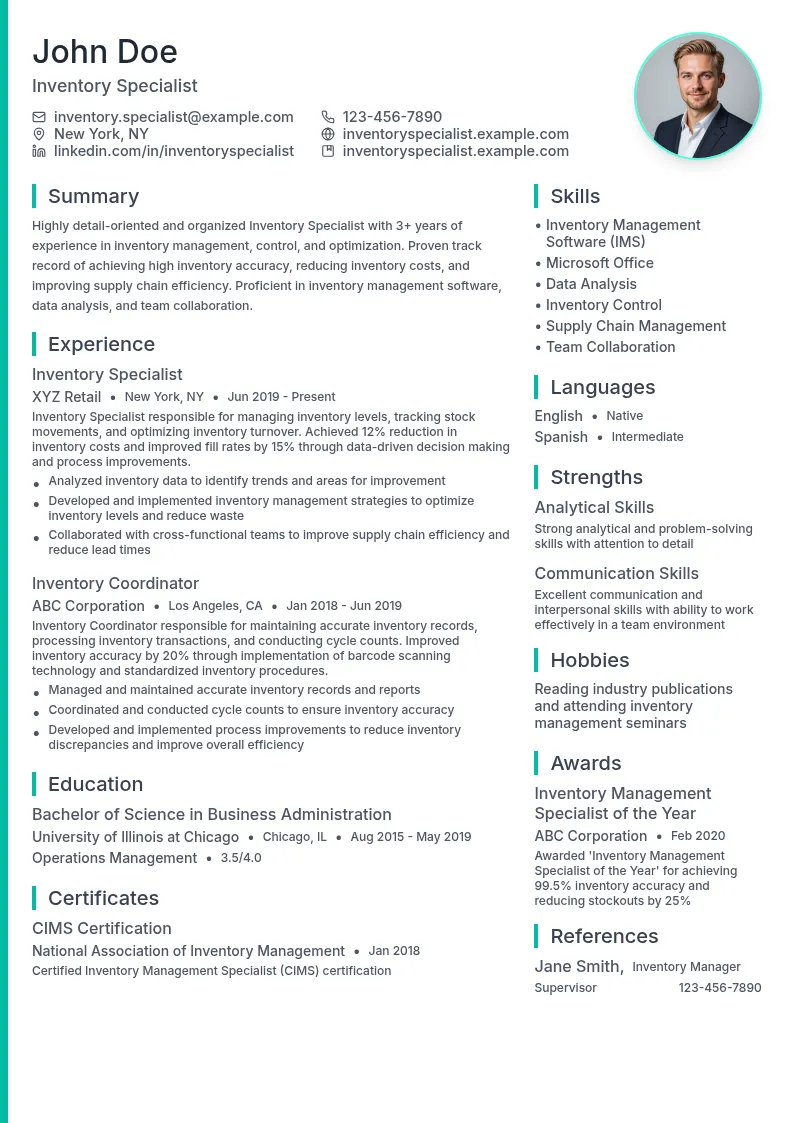 Inventory Specialist resume example