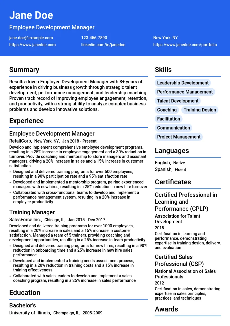 Employee Development Manager resume example