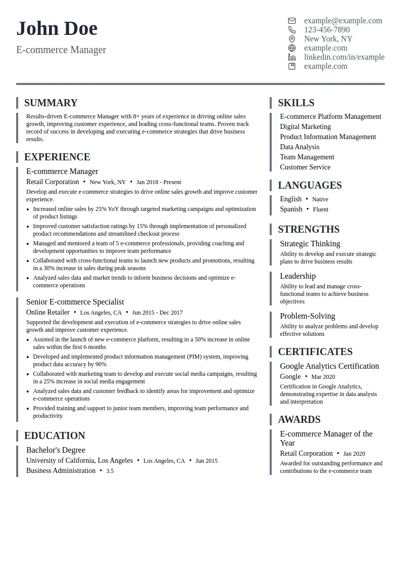E-commerce Manager resume example