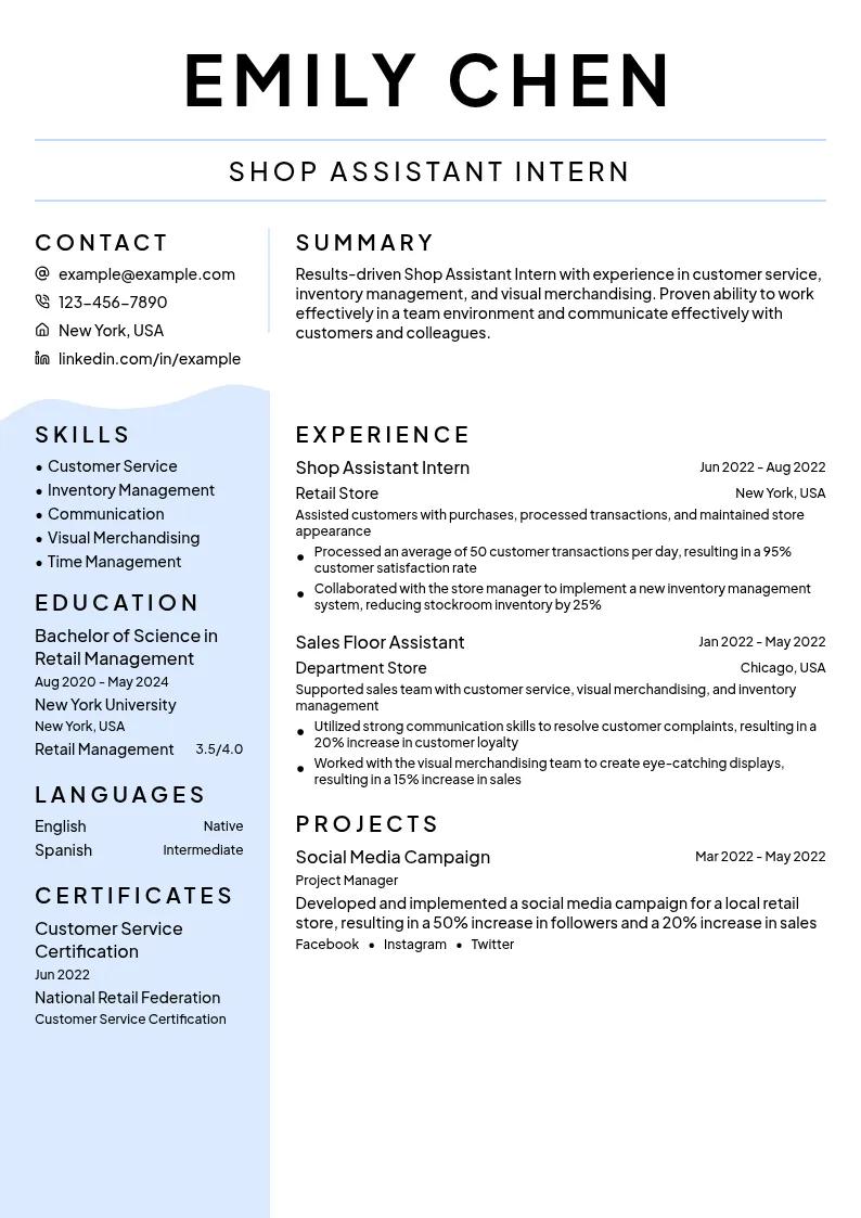 Shop Assistant Intern resume example