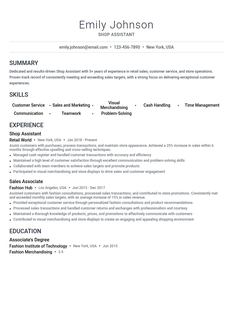 Shop Assistant resume example