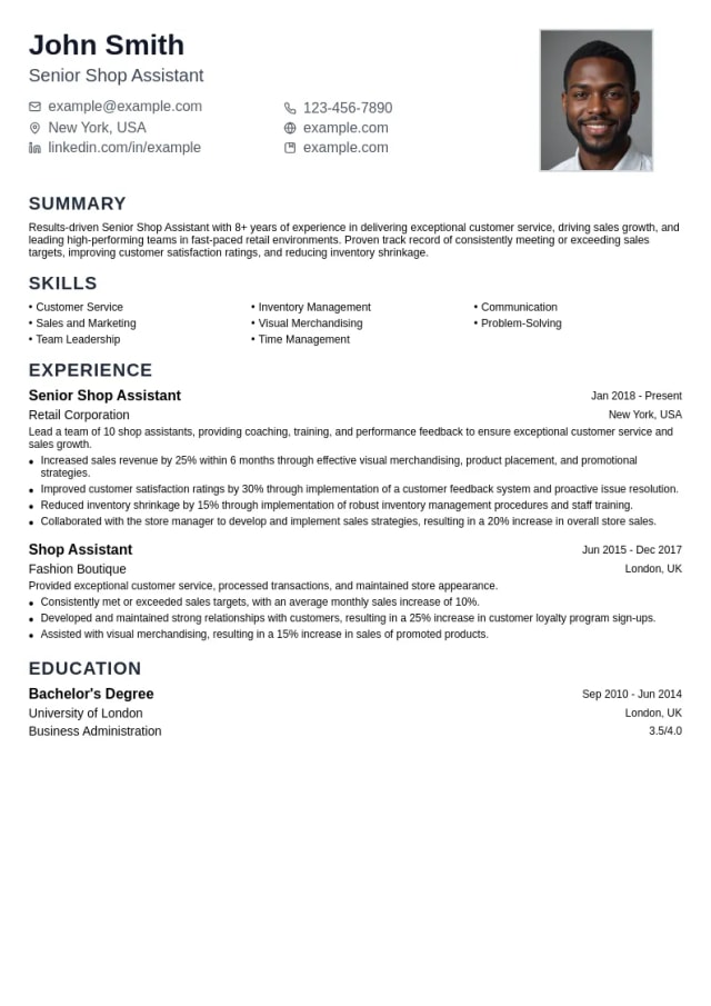 Senior Shop Assistant resume example