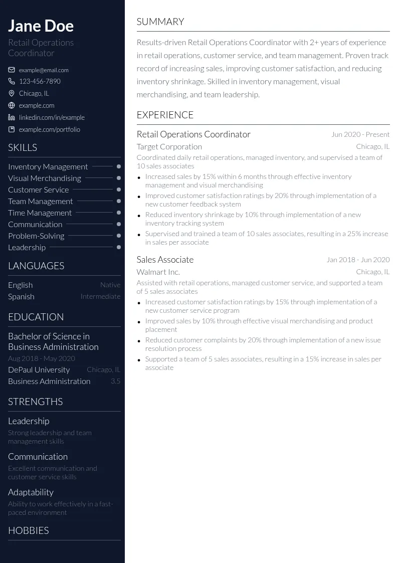 Retail Operations Coordinator resume example