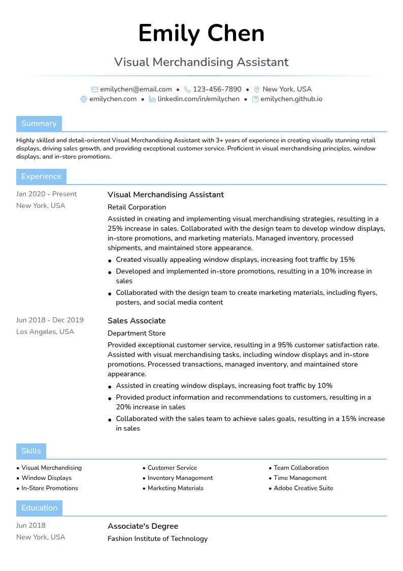Visual Merchandising Assistant resume example
