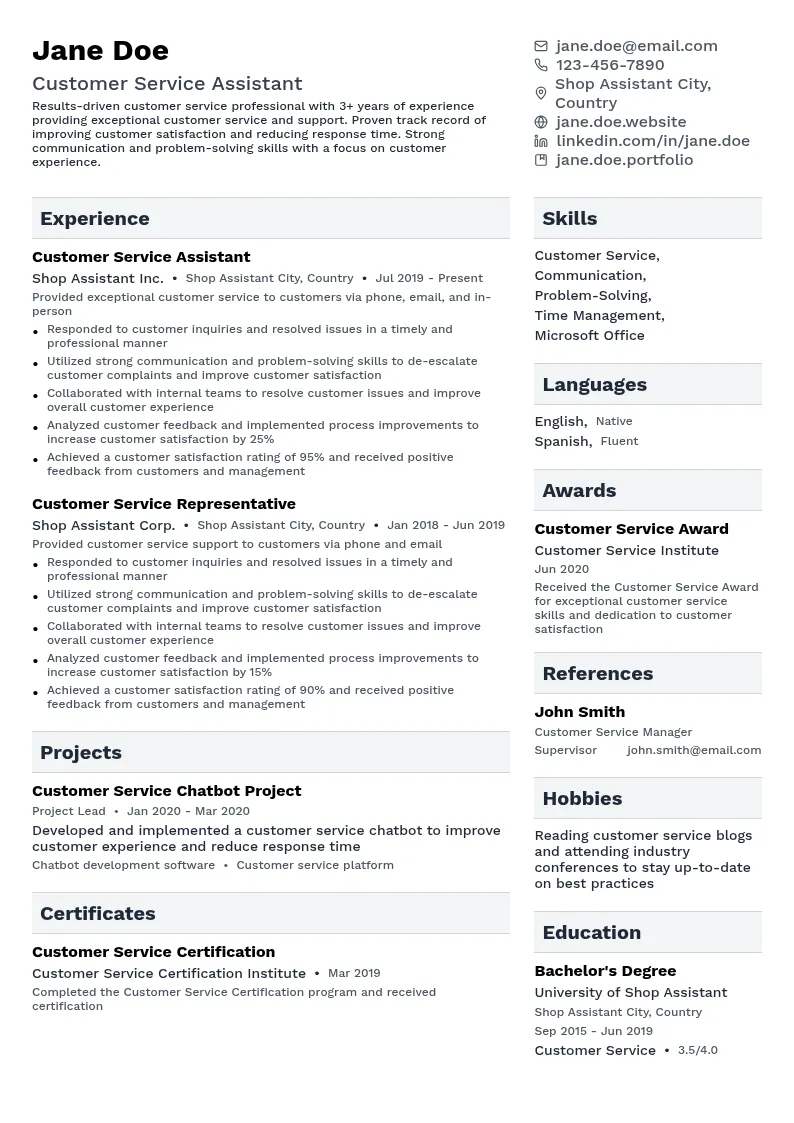 Customer Service Assistant resume example