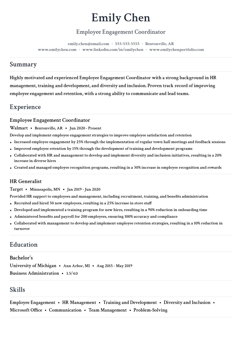 Employee Engagement Coordinator resume example