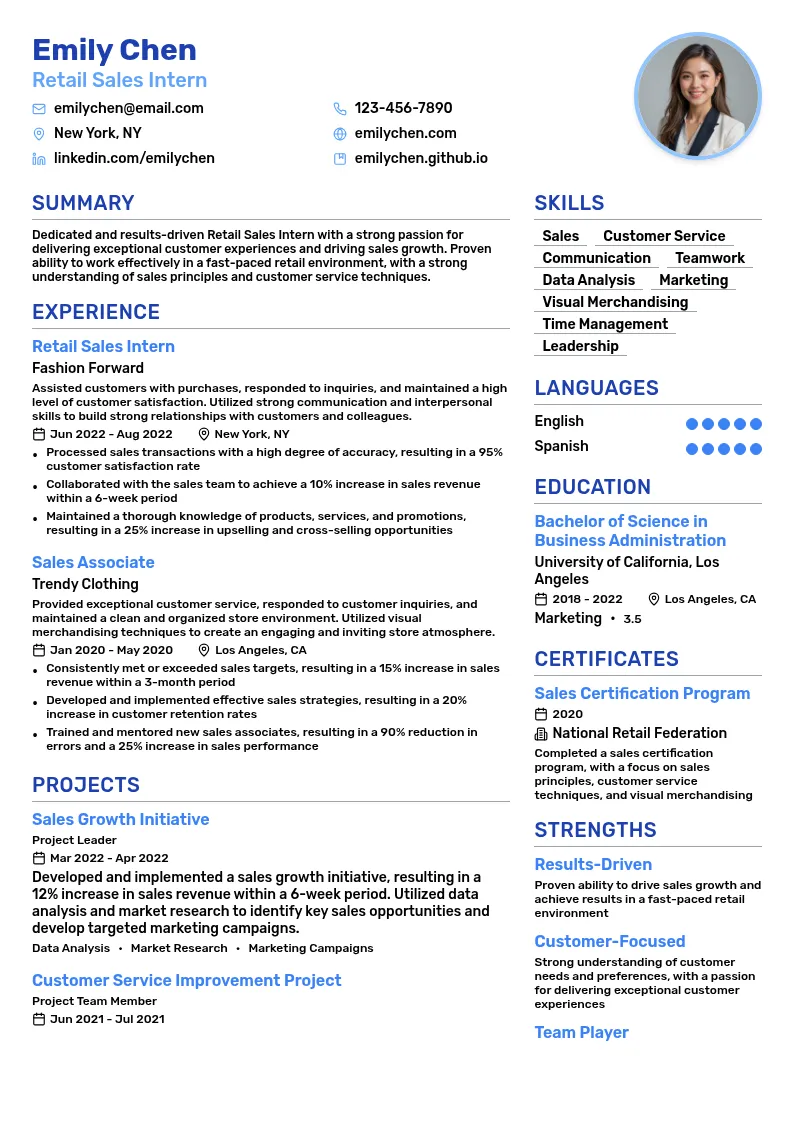 Retail Sales Intern resume example