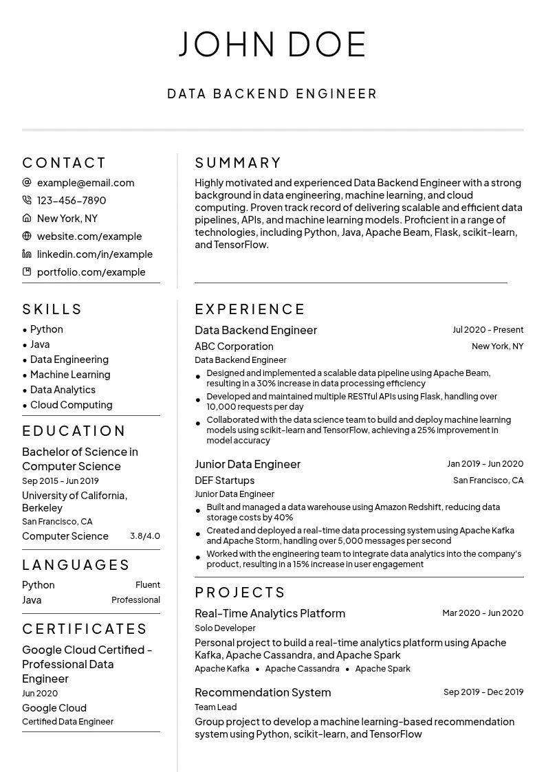 Data Backend Engineer resume example