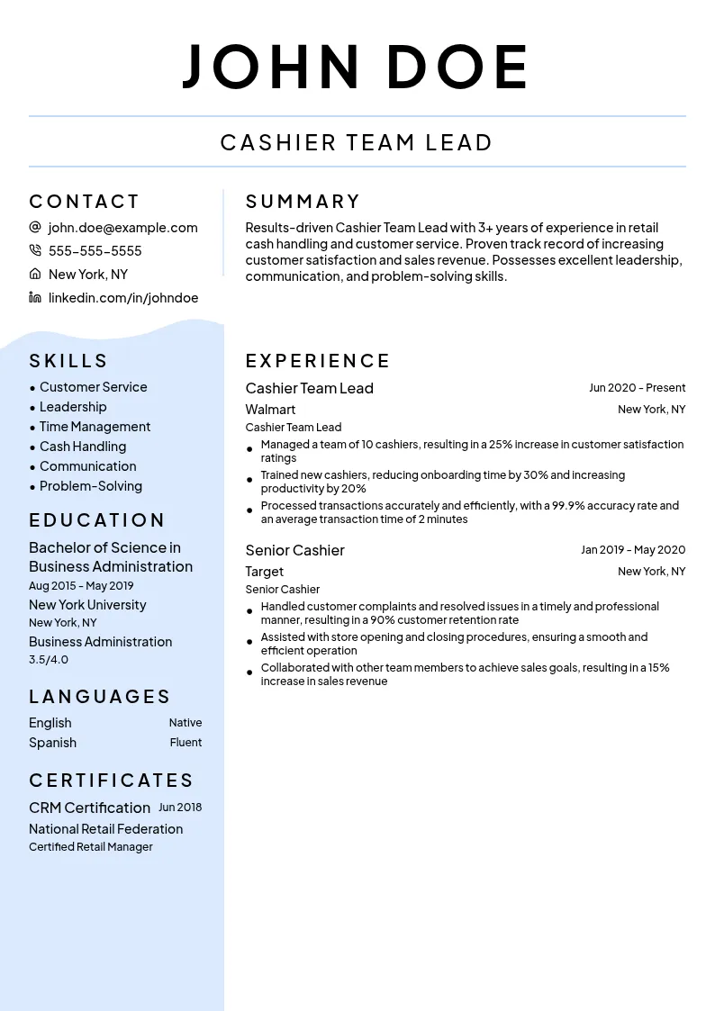 Cashier Team Lead resume example