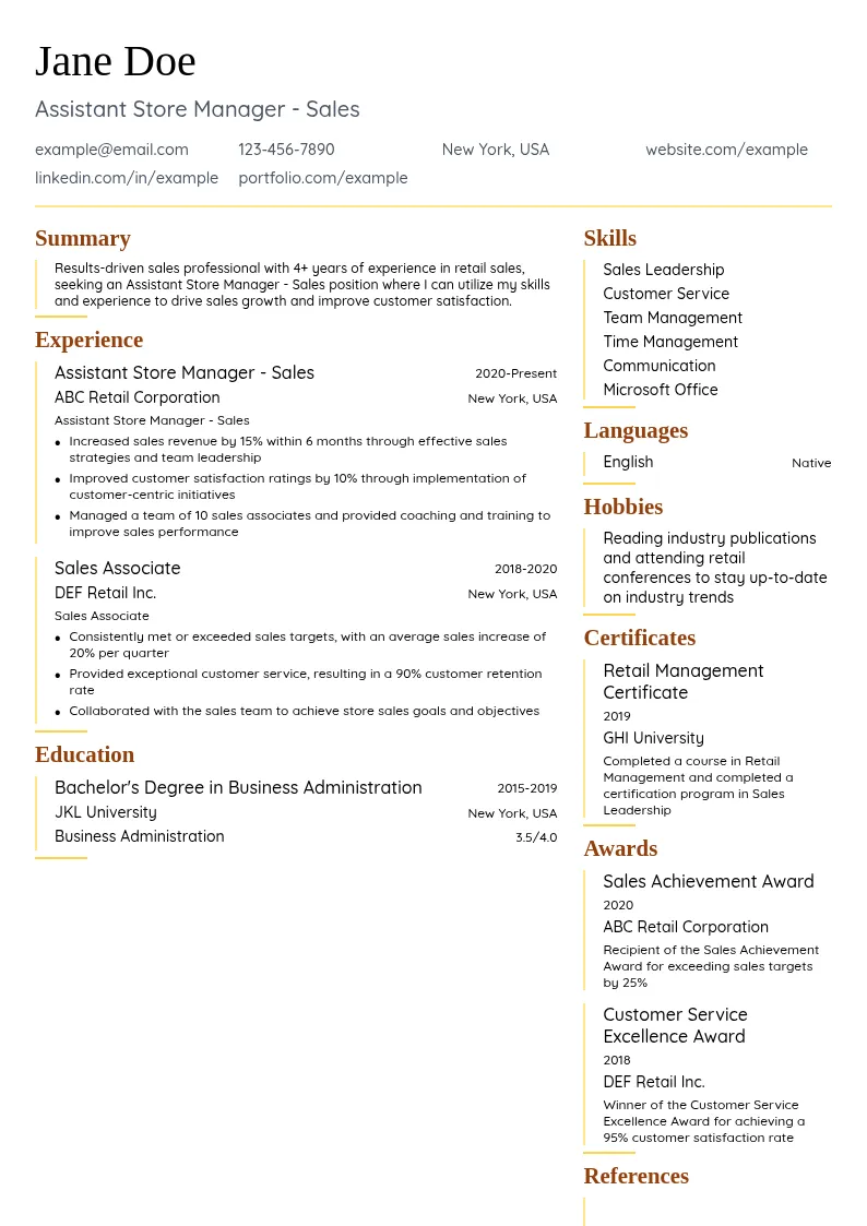Assistant Store Manager - Sales resume example