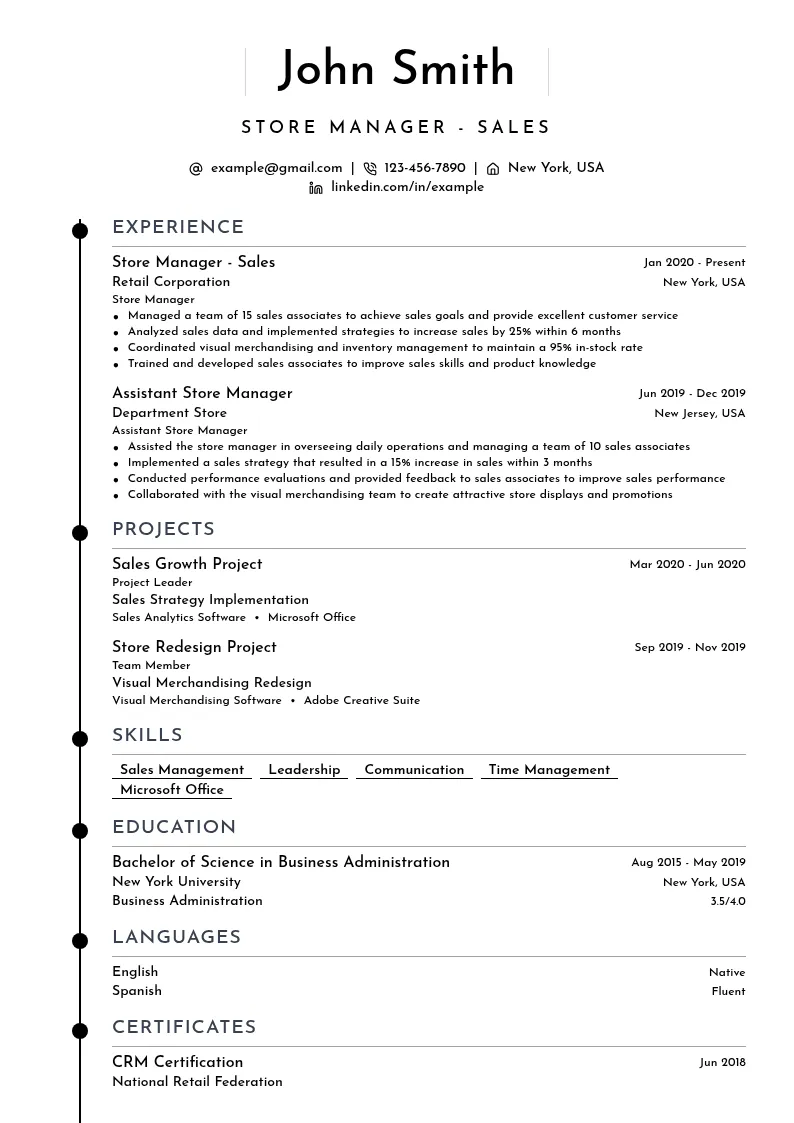 Store Manager - Sales resume example