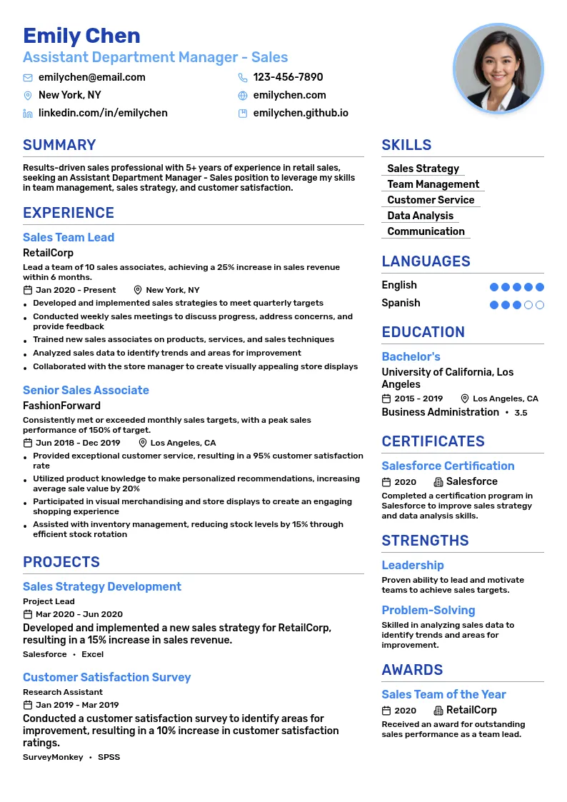 Assistant Department Manager - Sales resume example