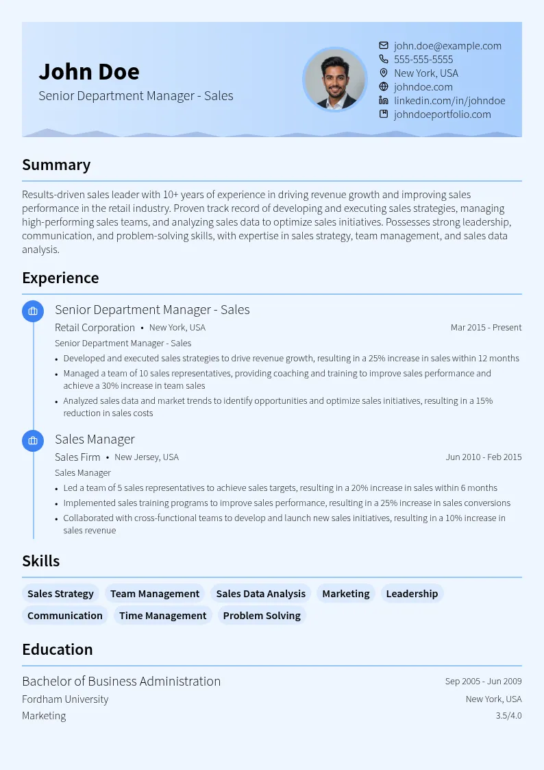 Senior Department Manager - Sales resume example