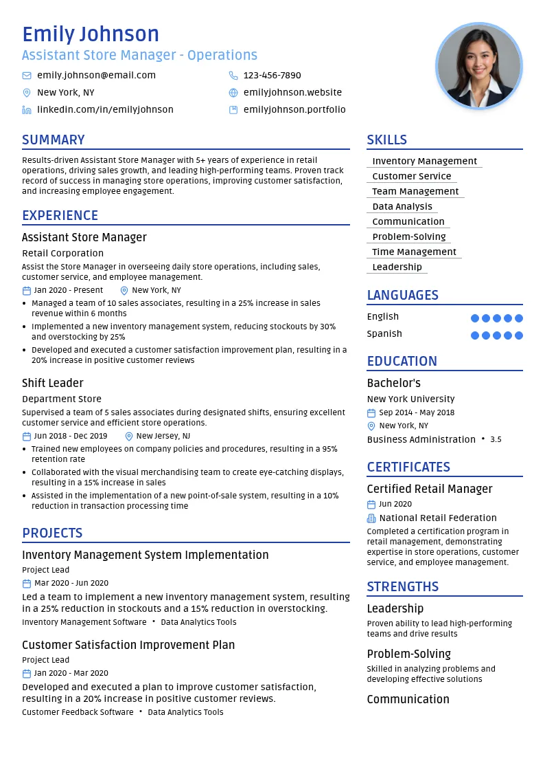 Assistant Store Manager - Operations resume example