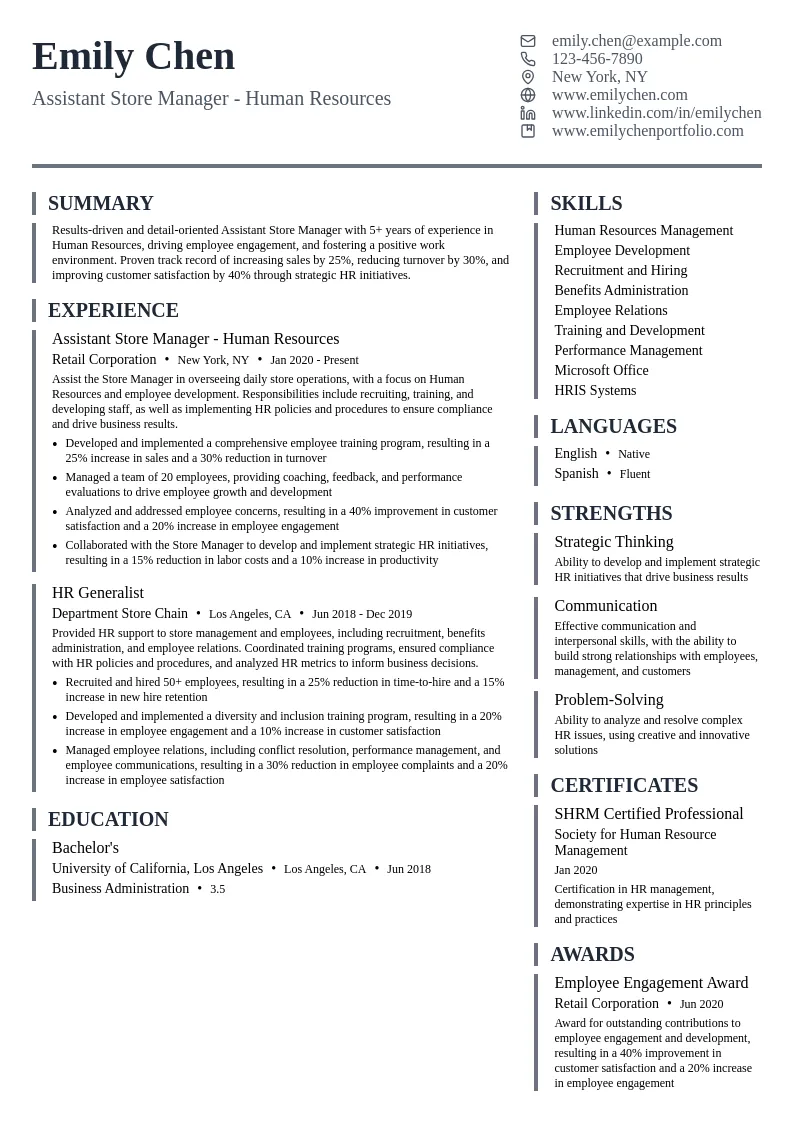 Assistant Store Manager - Human Resources resume example