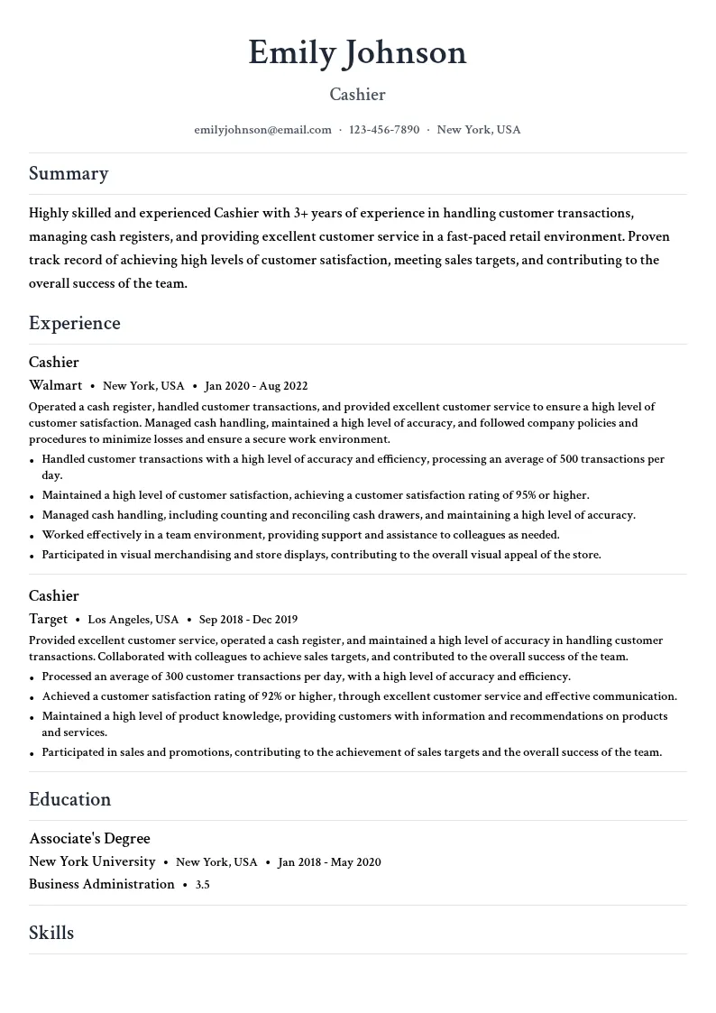 Cashier resume example