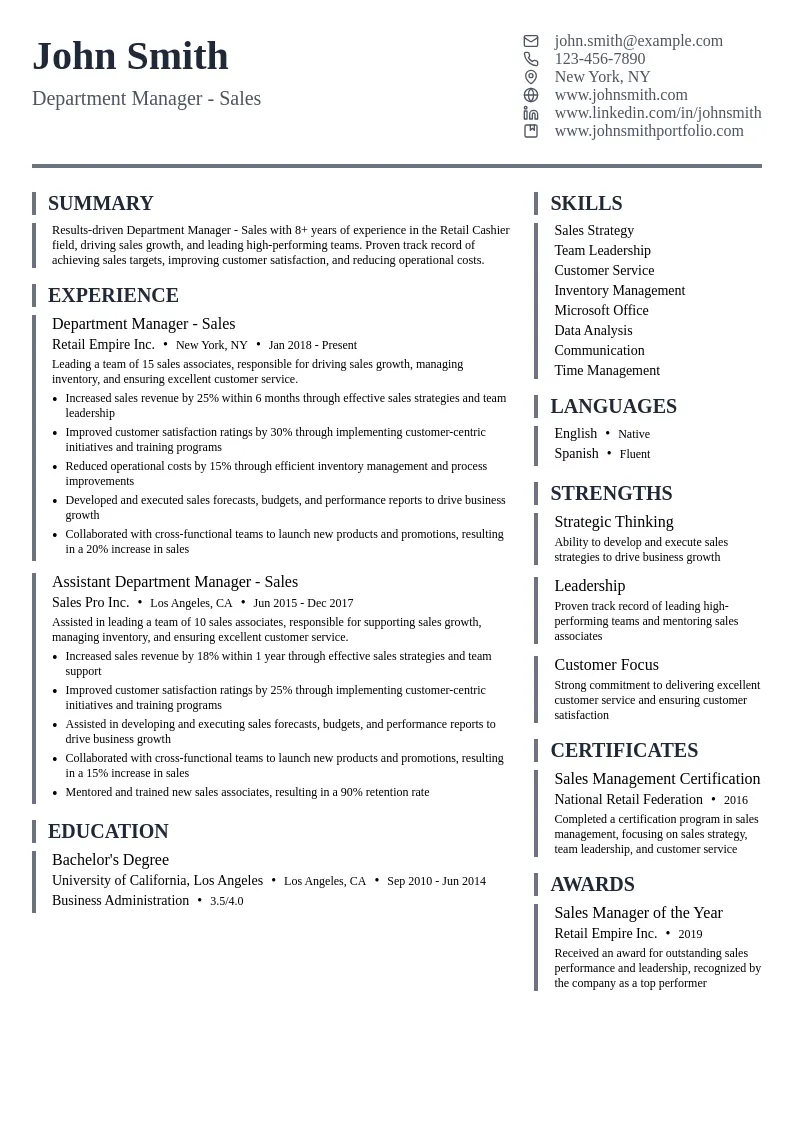 Department Manager - Sales resume example