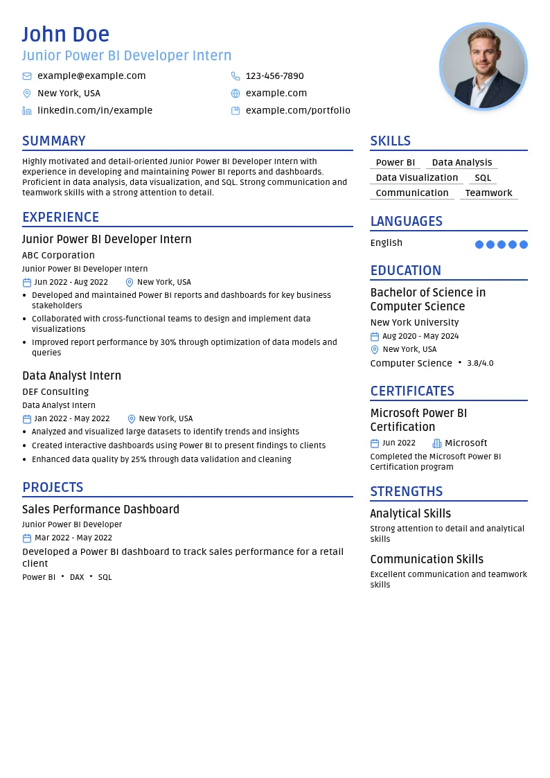 Junior Power BI Developer Intern resume example