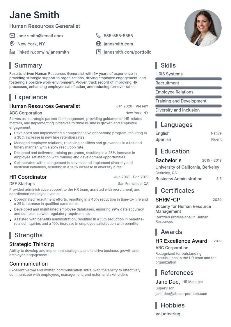Human Resources Generalist resume example