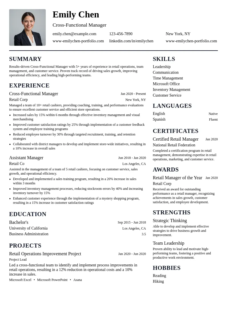 Cross-Functional Manager resume example