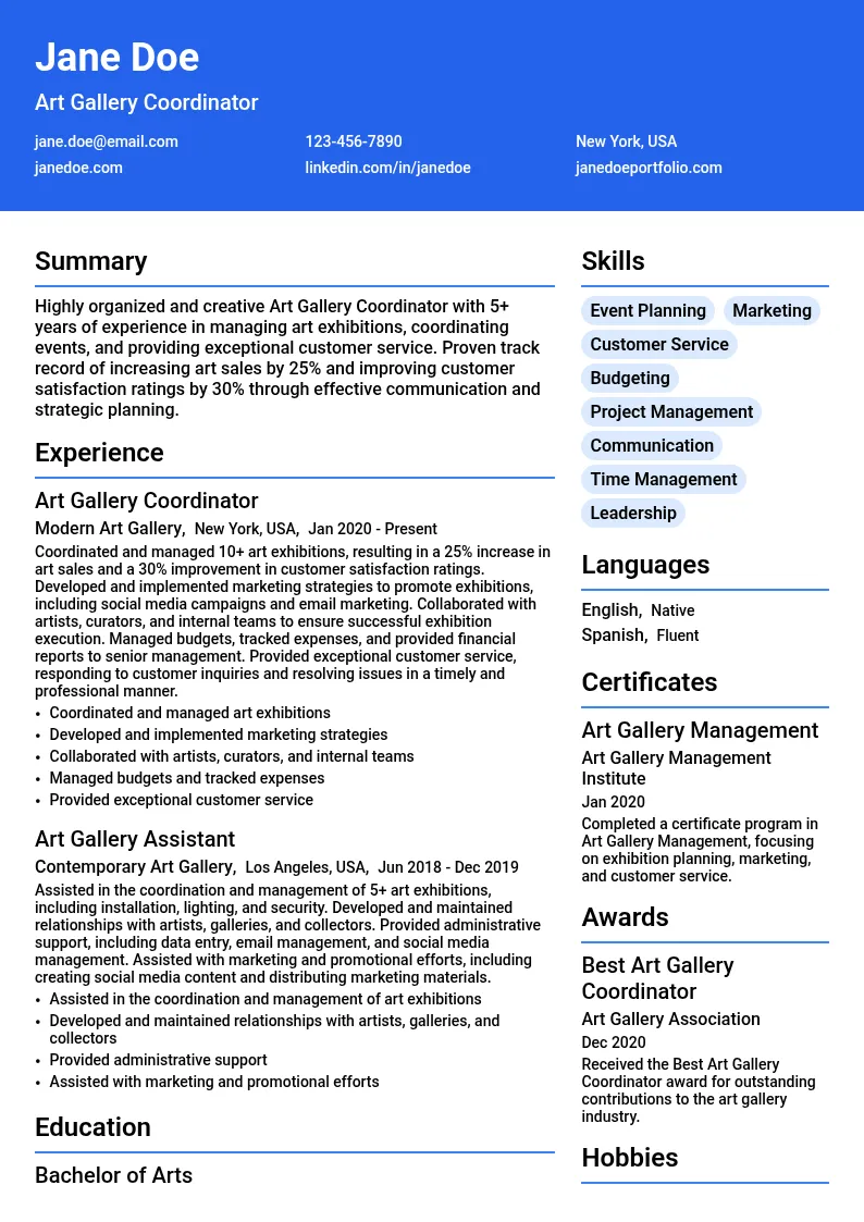Art Gallery Coordinator resume example
