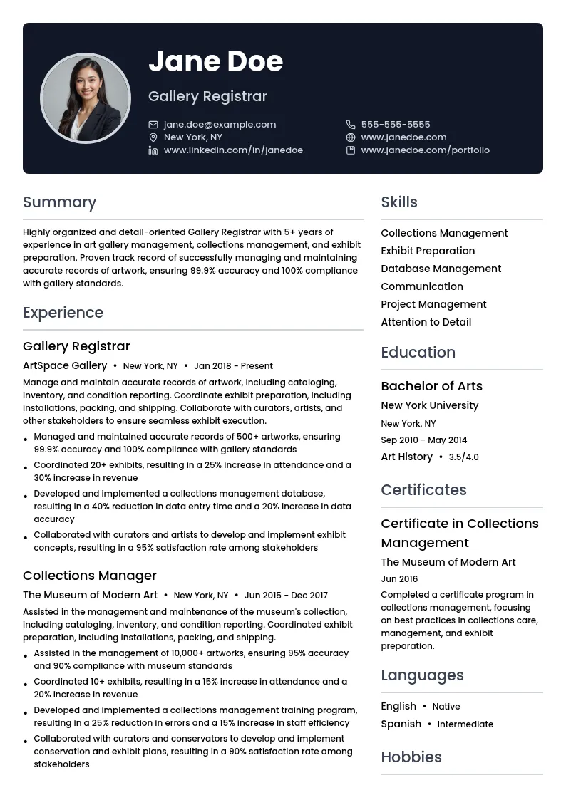 Gallery Registrar resume example