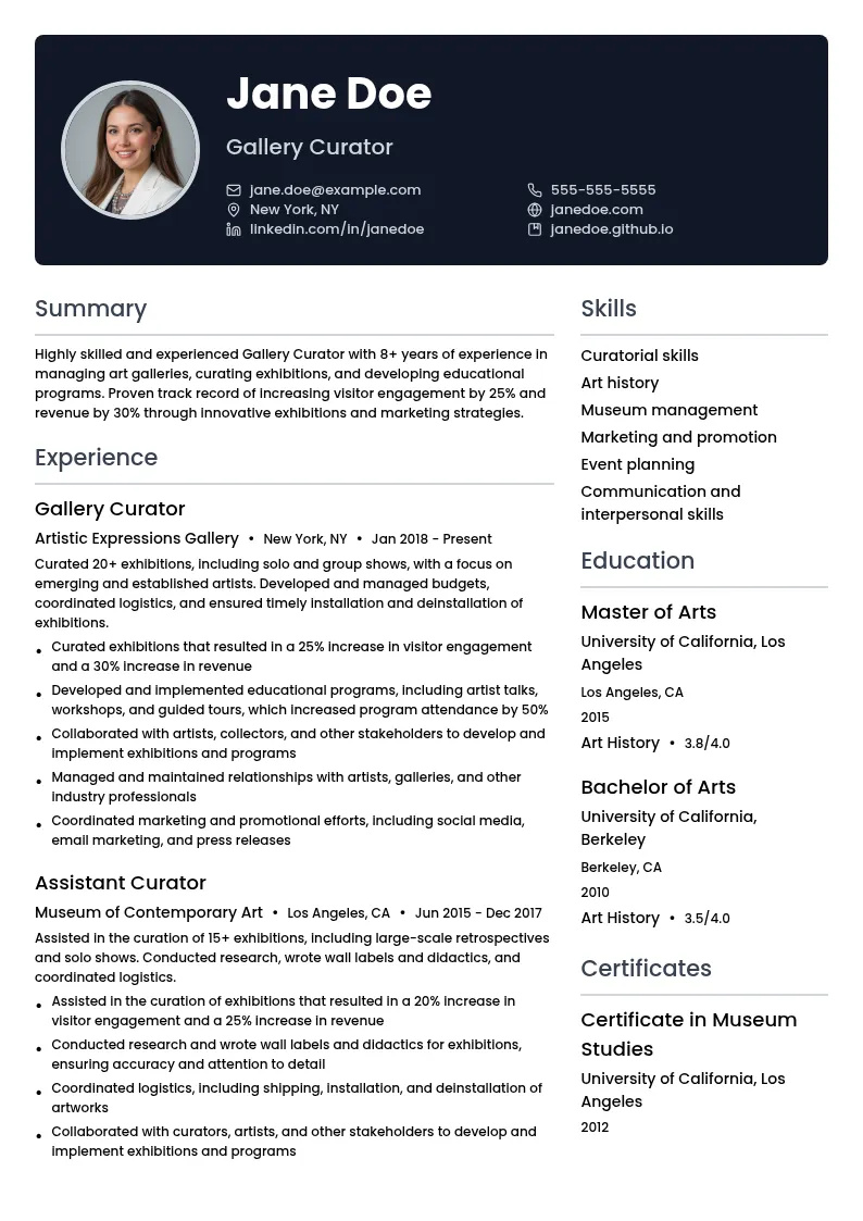 Gallery Curator resume example