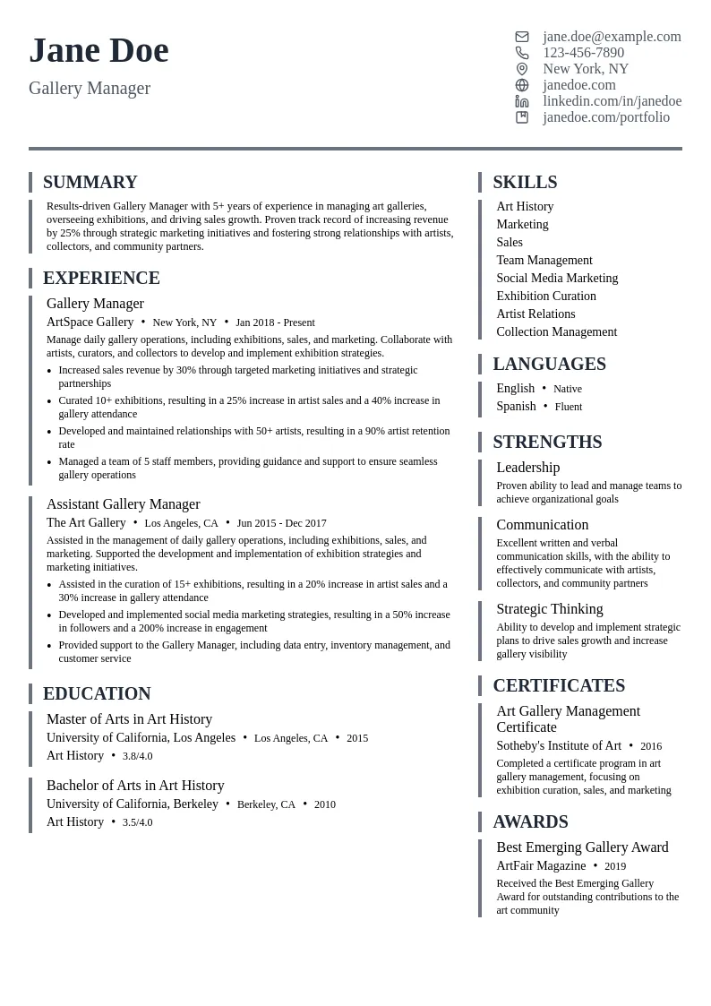 Gallery Manager resume example