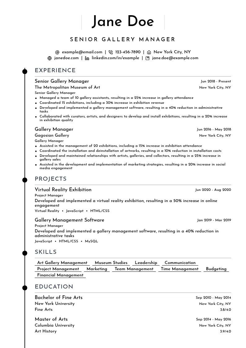 Senior Gallery Manager resume example