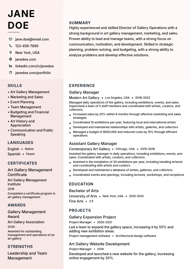 Director of Gallery Operations resume example