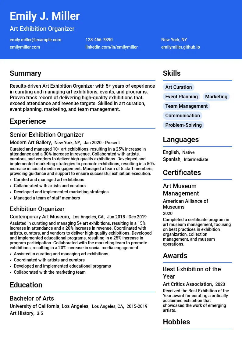 Art Exhibition Organizer resume example