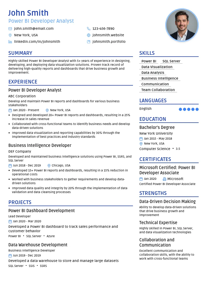 Power BI Developer Analyst resume example