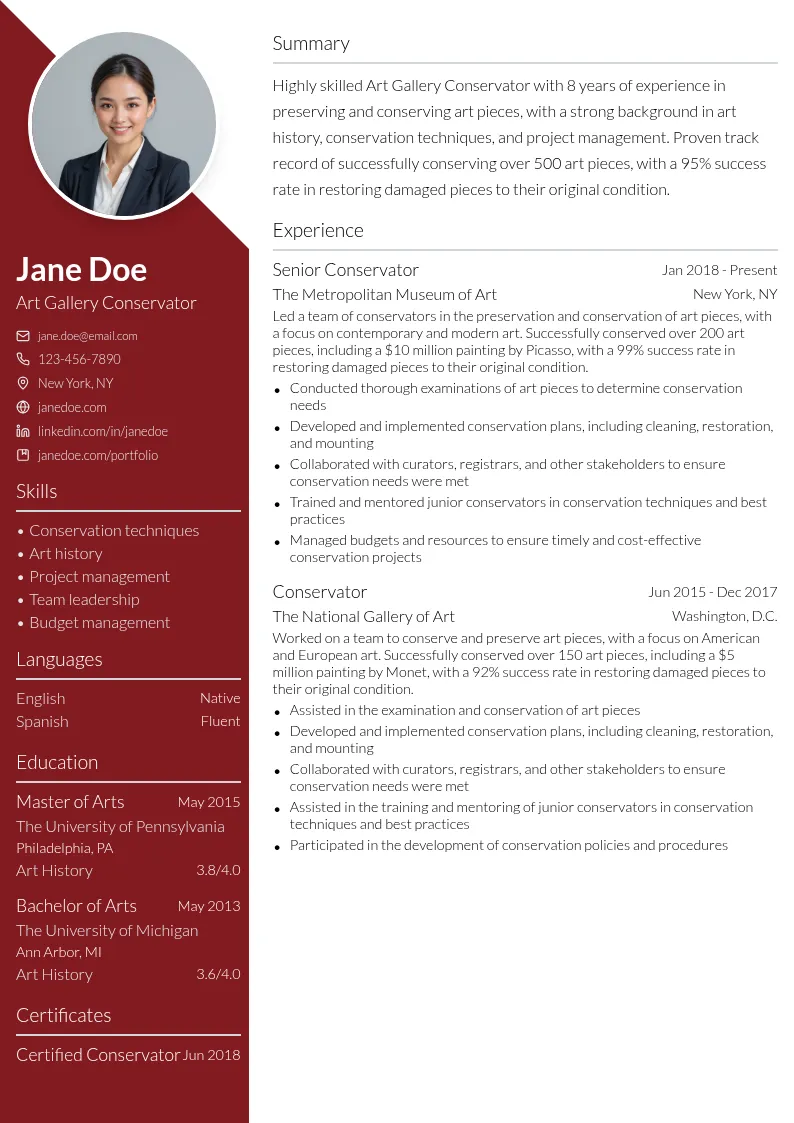Art Gallery Conservator resume example