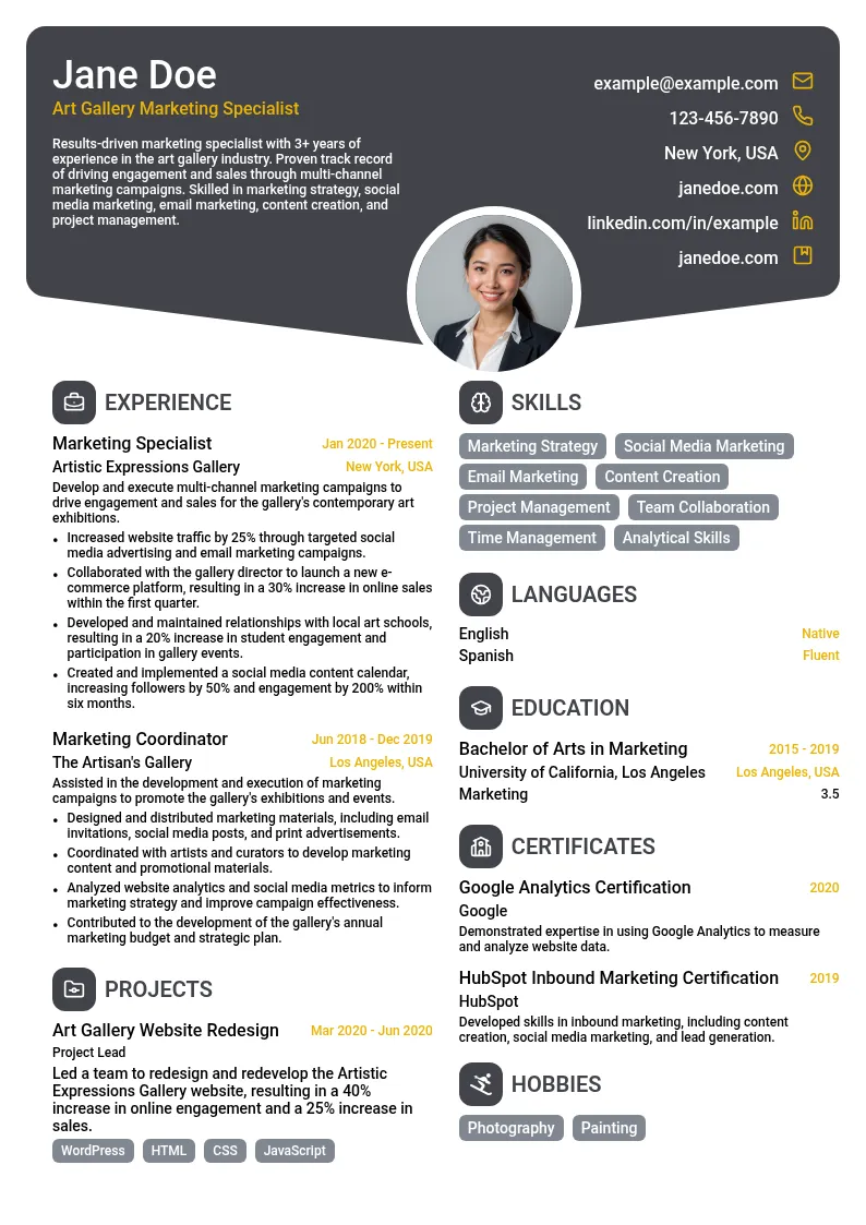 Art Gallery Marketing Specialist resume example