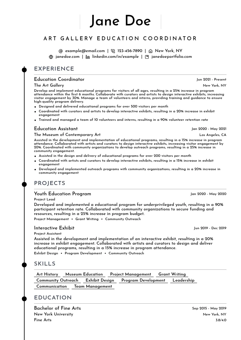 Art Gallery Education Coordinator resume example