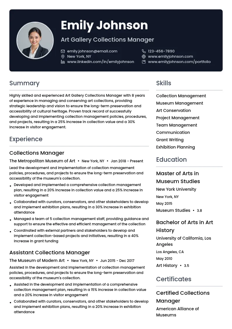 Art Gallery Collections Manager resume example