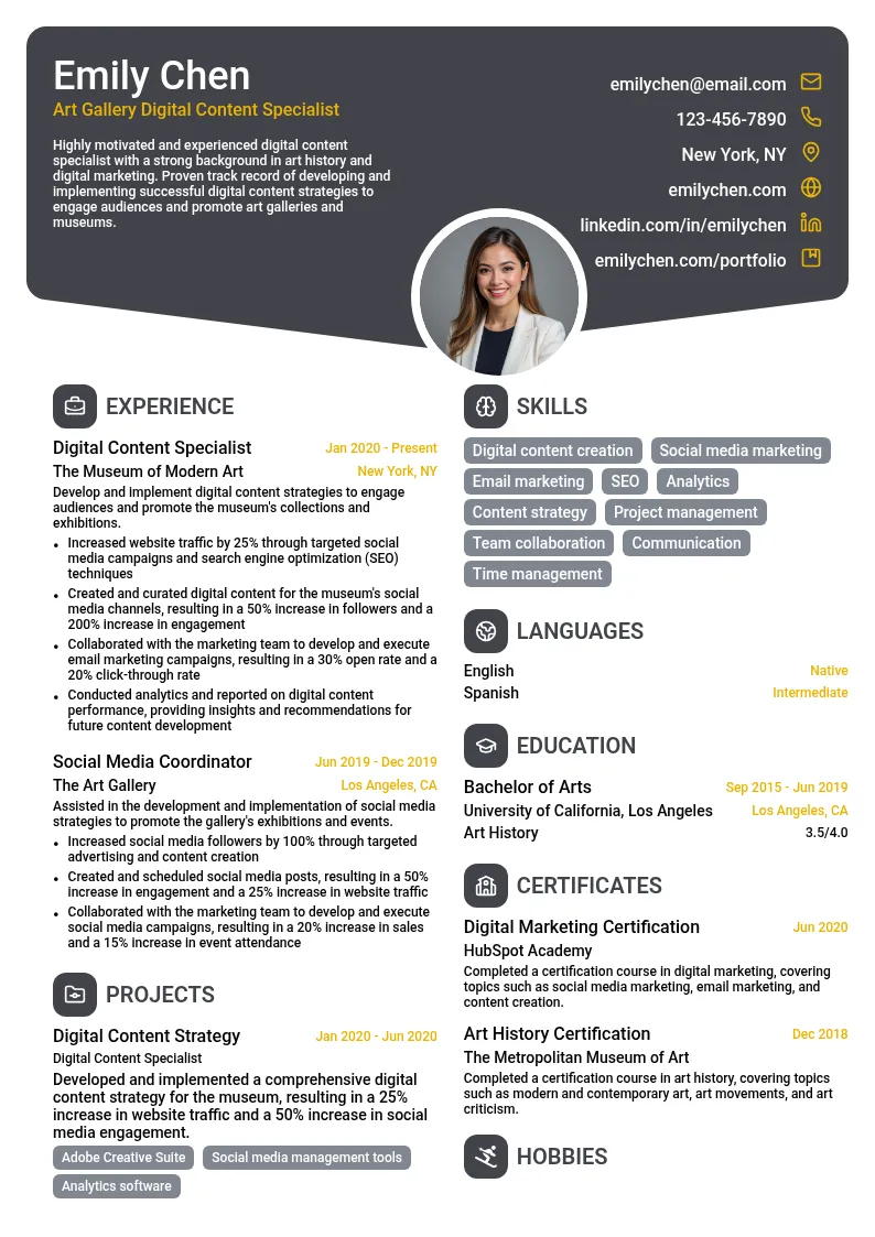 Art Gallery Digital Content Specialist resume example