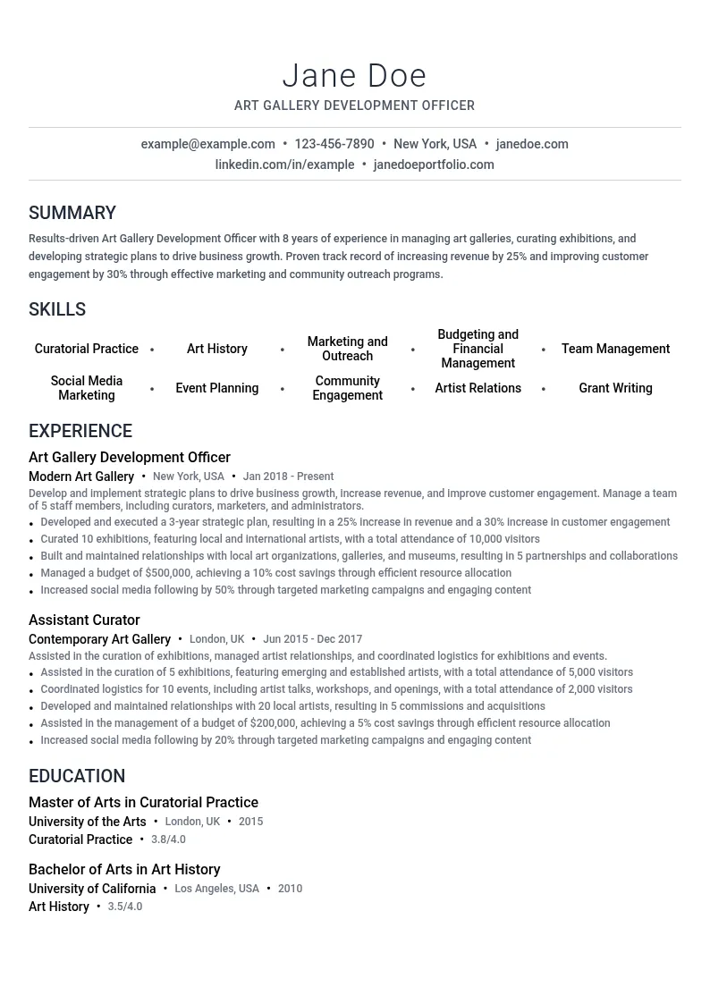 Art Gallery Development Officer resume example