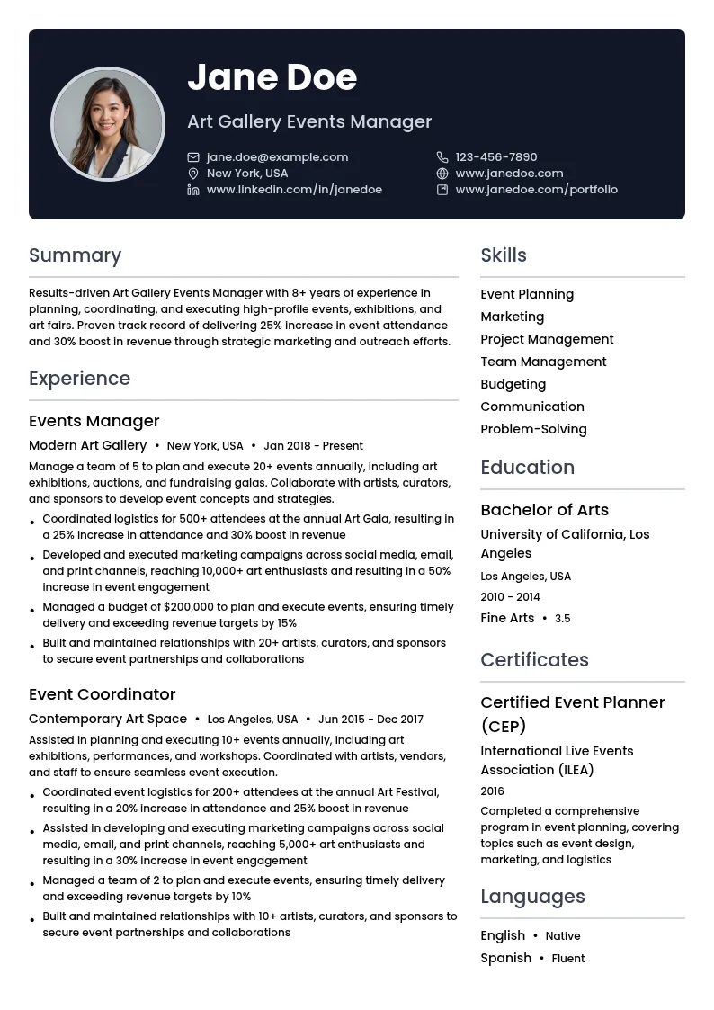Art Gallery Events Manager resume example