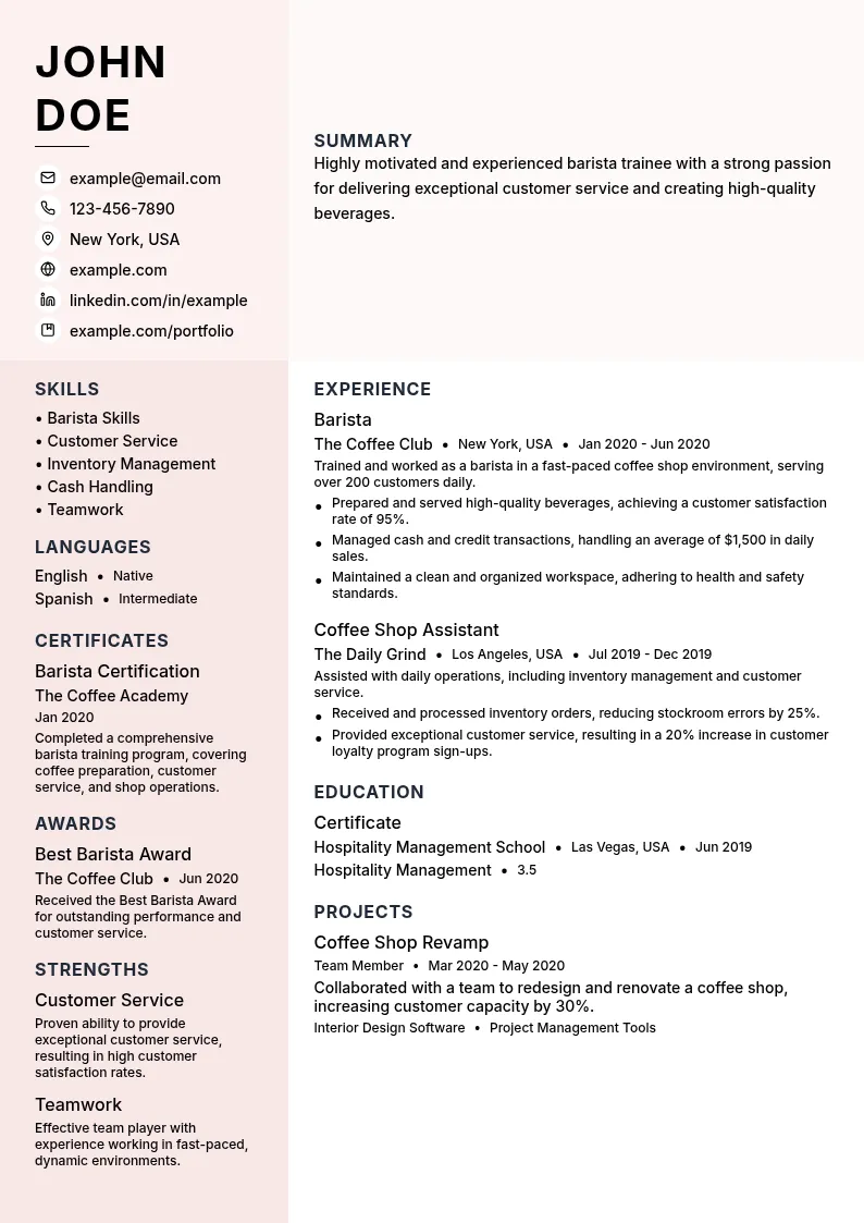 Barista Trainee resume example