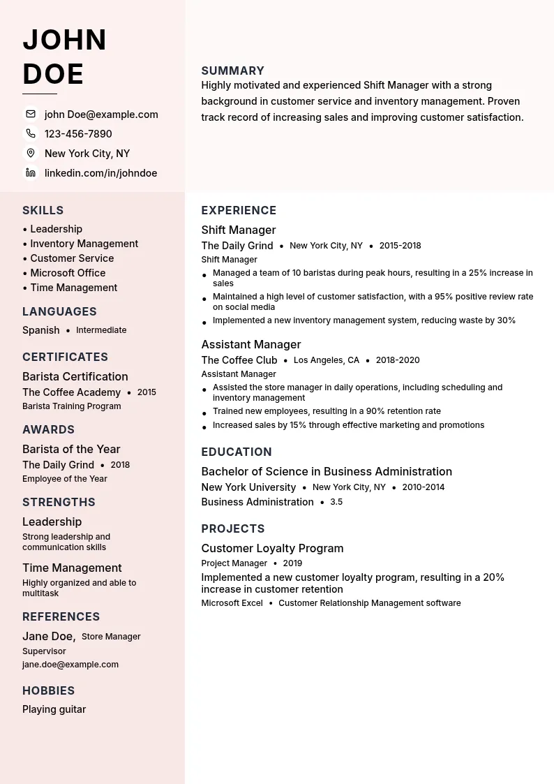 Shift Manager resume example