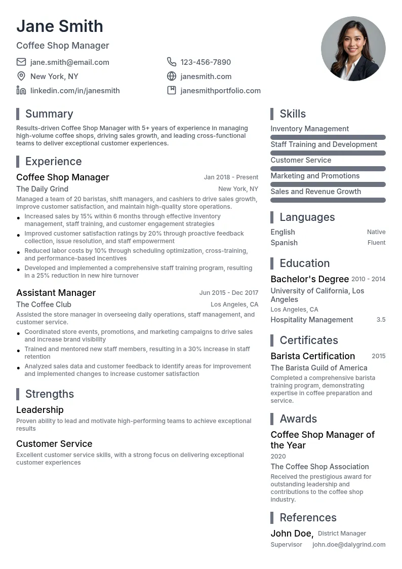 Coffee Shop Manager resume example
