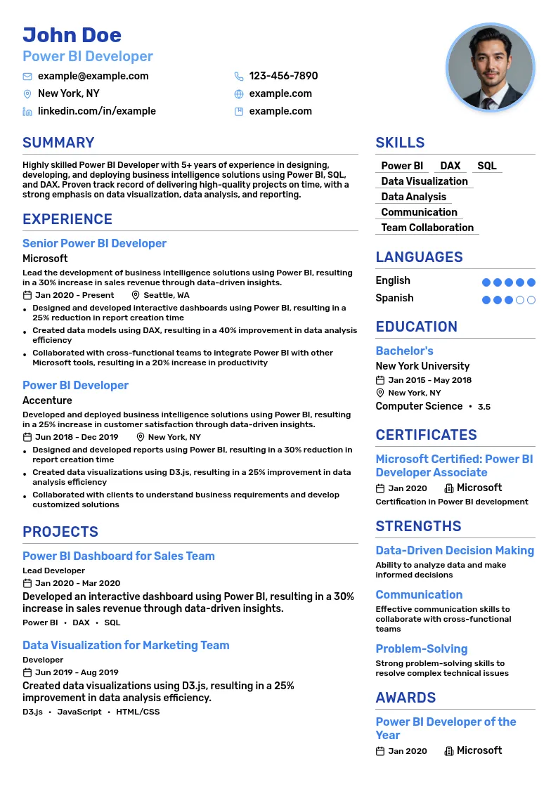 Power BI Developer resume example
