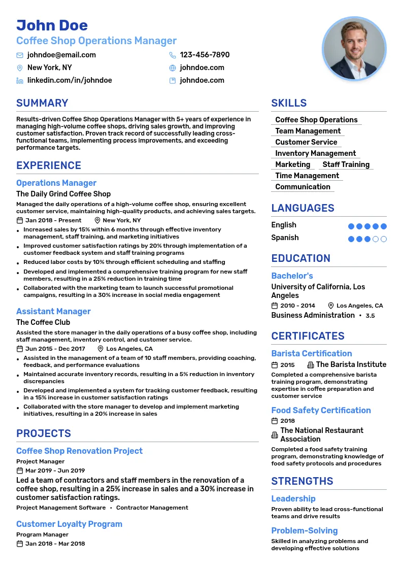 Coffee Shop Operations Manager resume example