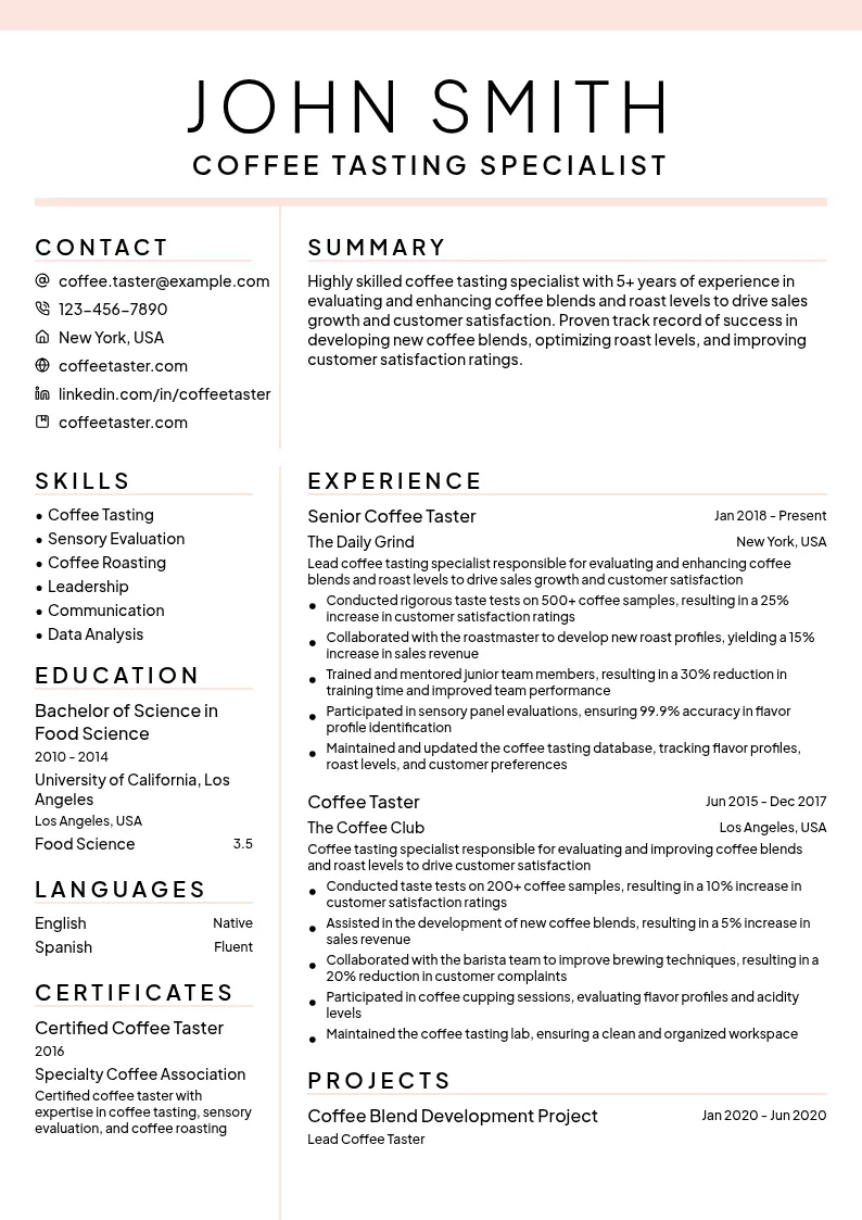 Coffee Tasting Specialist resume example