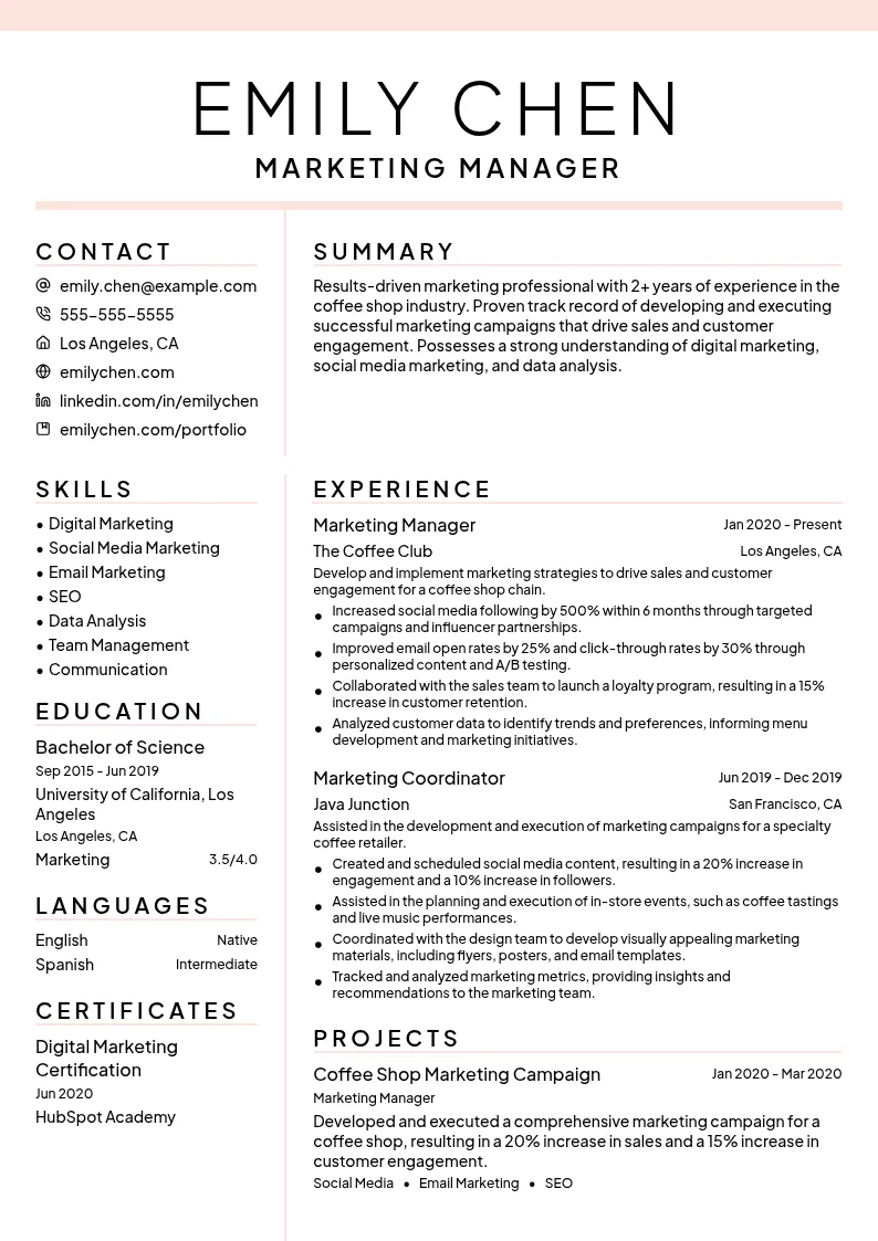 Coffee Shop Marketing Manager resume example